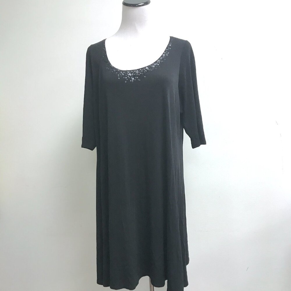 Eileen Fisher black dress sequin jersey silk midi L XL